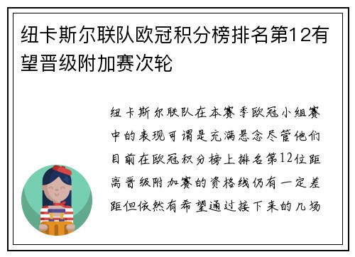 纽卡斯尔联队欧冠积分榜排名第12有望晋级附加赛次轮 纽卡斯尔联队欧冠积分榜排名第12有望晋级附加赛次轮