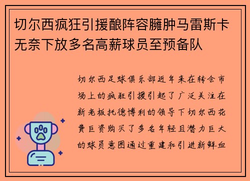 切尔西疯狂引援酿阵容臃肿马雷斯卡无奈下放多名高薪球员至预备队